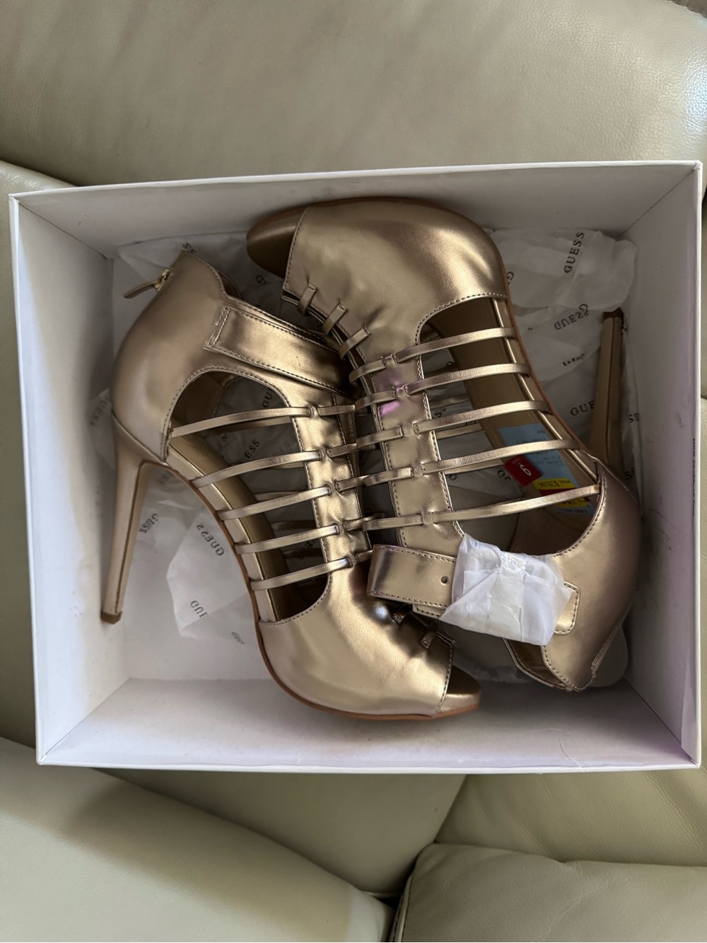NIB Guess Adhirra 2 Metallic Gold Caged Stiletto Heels Sandals 9M